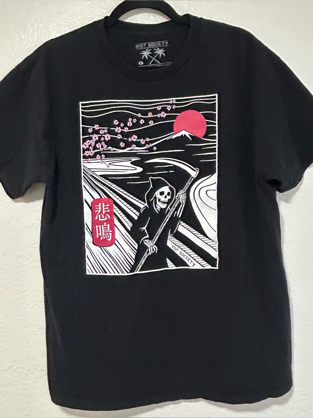 Riot Society Grim Reaper Japanese Cherry Blossoms and Red Sunset